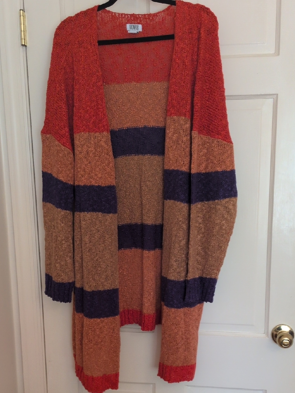 Monroe & Main Orange, Brown & Navy Striped Open Knit Cardigan